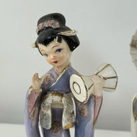 Thumbnail for Vintage Geisha Girl Figurines Pair 9” Ceramic Japan Style Kimono Parasol & Drum5