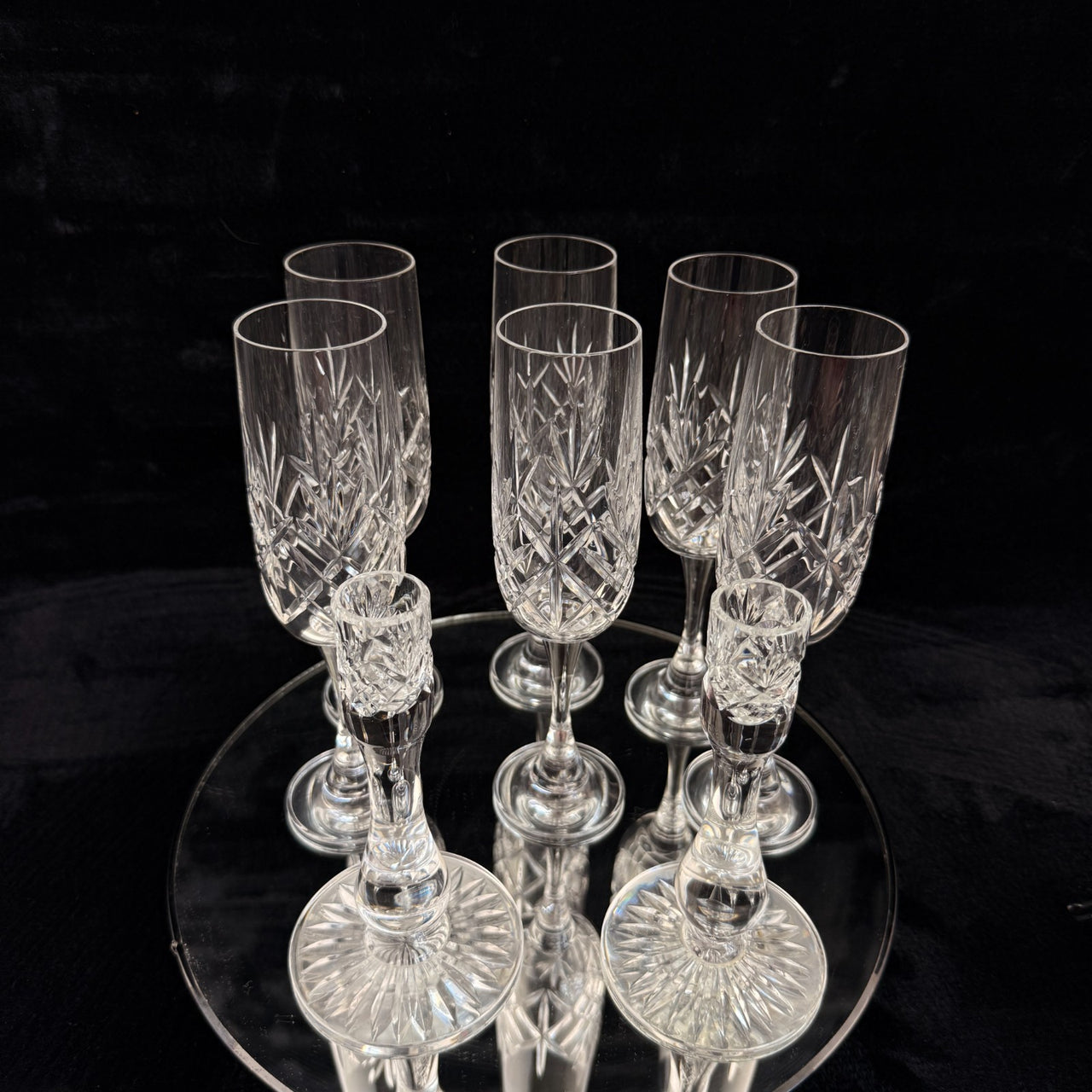 Vintage Cut Crystal Glassware Set – 6 Champagne Flutes & 2 Candlestick Holders3