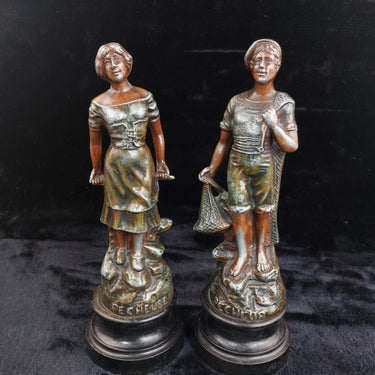 Vintage Pecheur Pecheuse Fisherman & woman Statues Pair Patina Bronze Look0