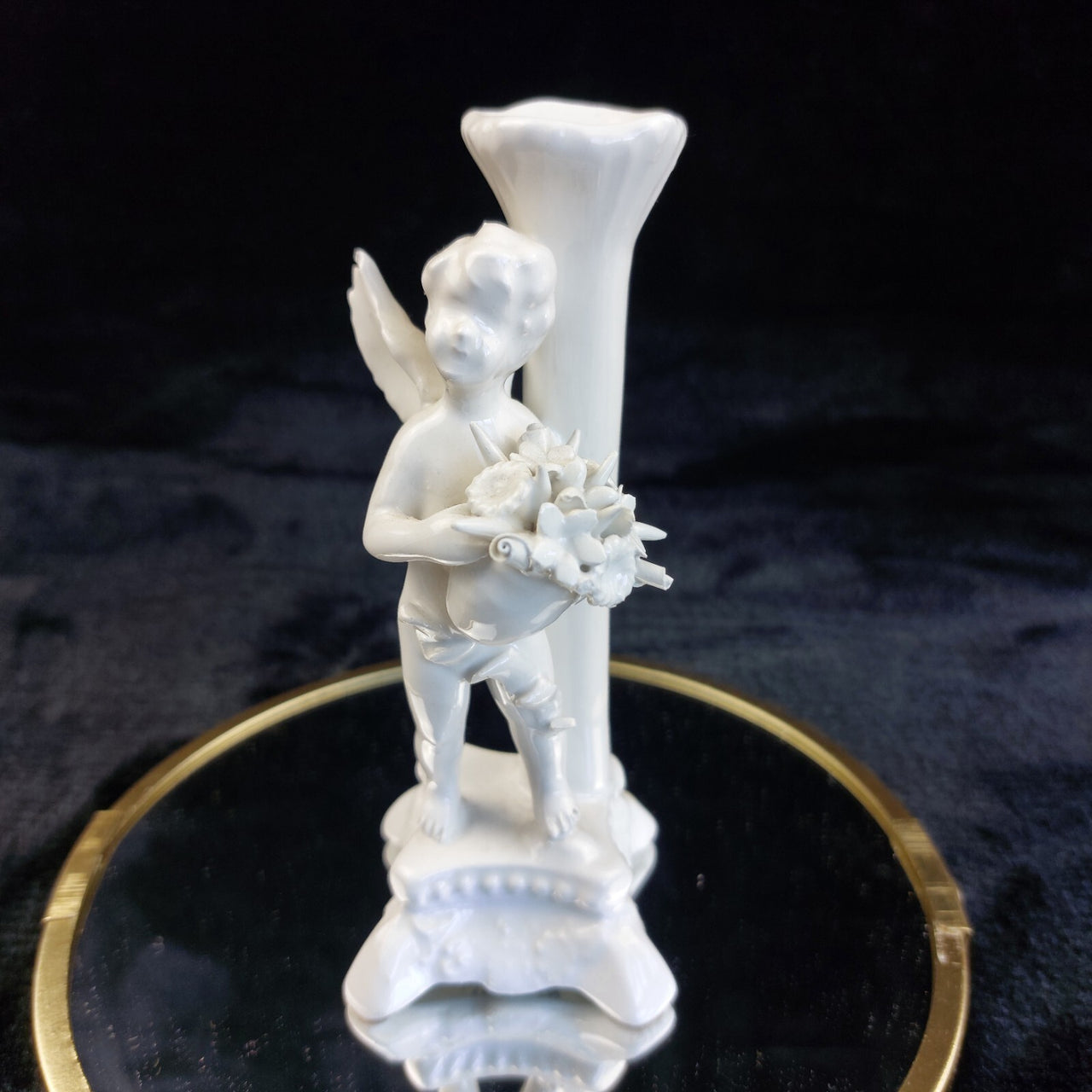 Antique Italy Cherub Figurines Pair 6.5in Porcelain White Trumpet Flowers Damage4
