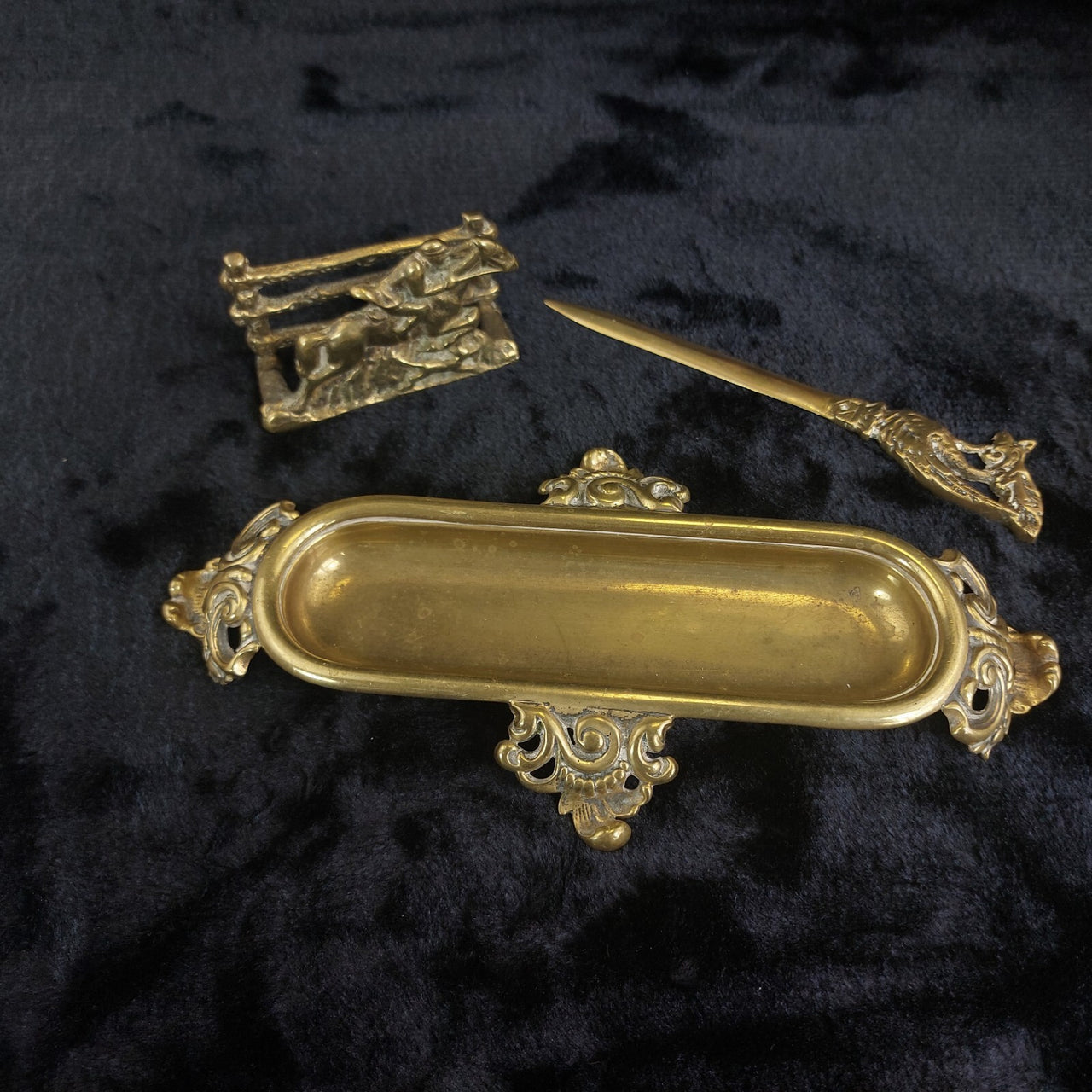 Vintage Brass Desk Set – Letter Holder, Rococo Tray pen holder & Letter Opener12