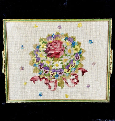 Floral Needlepoint Framed Tapestry Pink Rose Daisy Bouquet 2015” Wood Frame.0