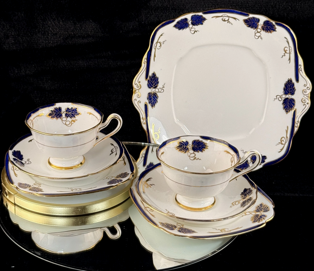 Rare Royal Albert Crown 1930s Blue Cobalt 2 Trios & Cake Plate Set England.0