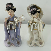 Thumbnail for Vintage Geisha Girl Figurines Pair 9” Ceramic Japan Style Kimono Parasol & Drum10