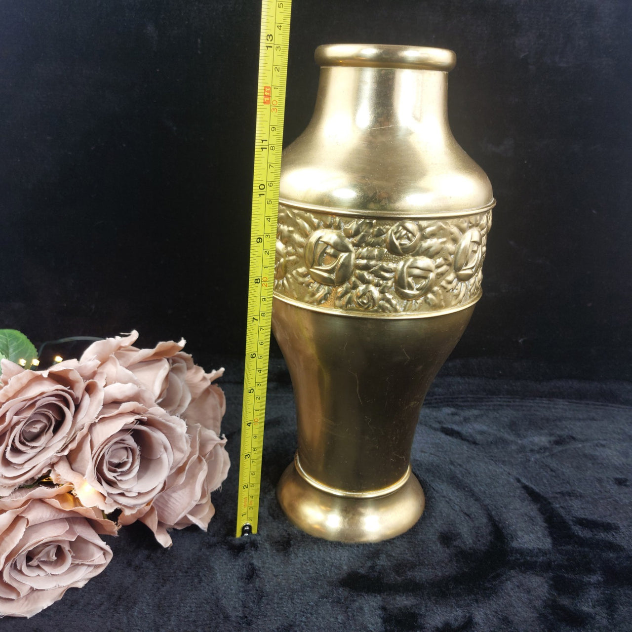 Vtg/ Antique Brass Vase Embossed Floral Design   Decor Patina Dent Wear 13" gift1