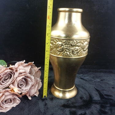 Vtg/ Antique Brass Vase Embossed Floral Design   Decor Patina Dent Wear 13