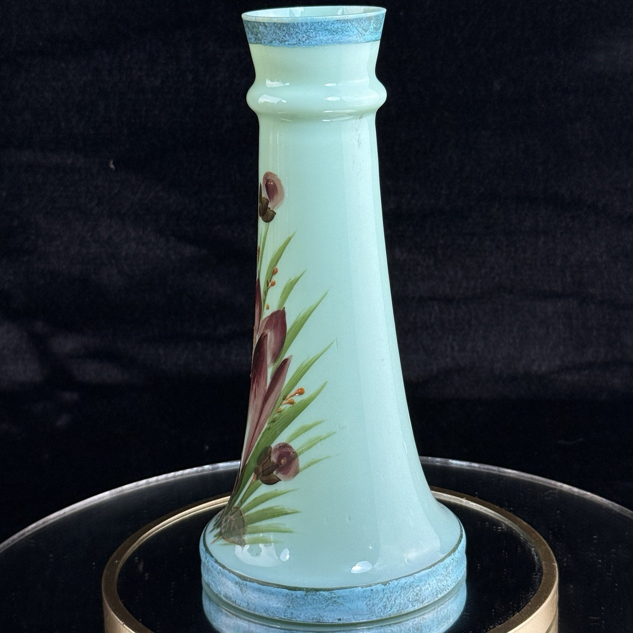 Antique Milk Glass vase Art Glass Vase Turquoise Floral Tall 10” Enameled decor7