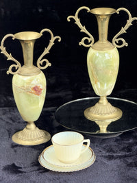 Thumbnail for Pair of Brass & Green Onyx Marble Urn Vases Ornate Handles Decorative 35cm12