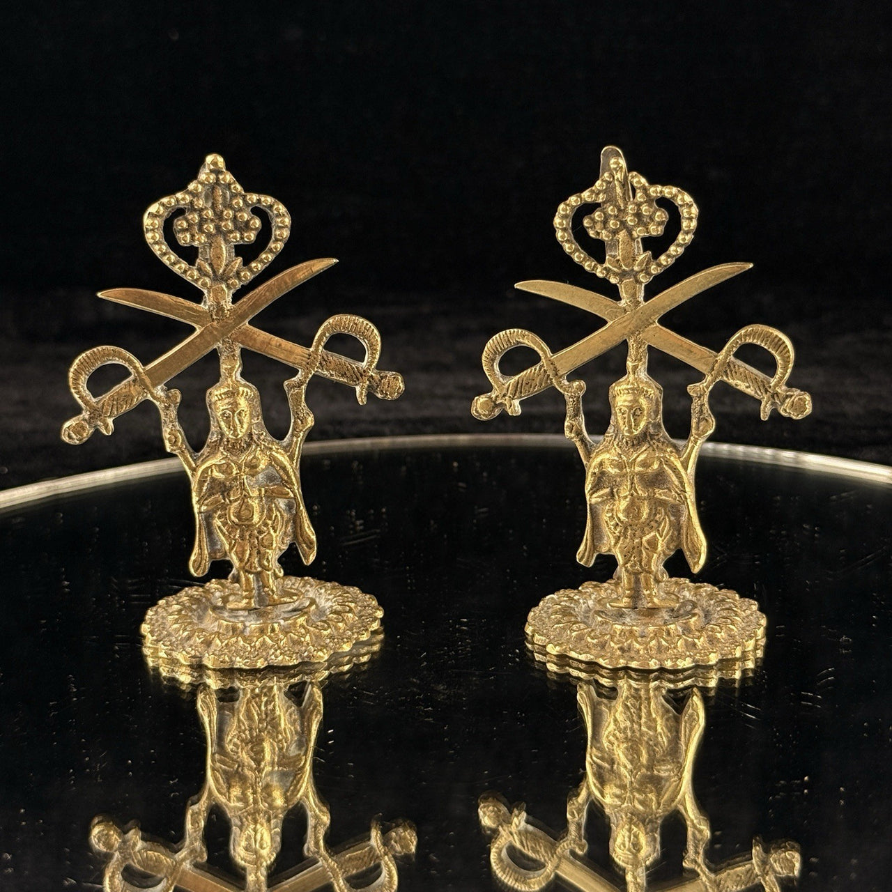Antique Brass Indian Army Emblems –3.5”.  Crowned Goddess Crossed Swords Pair 1