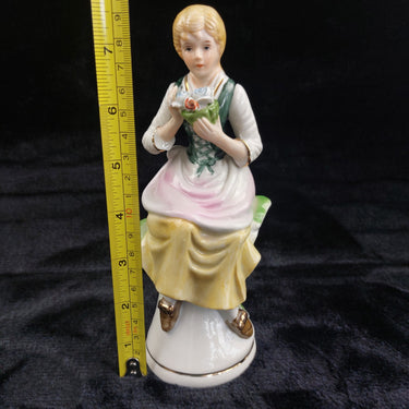 Capodimonte Porcelain Figurine Seated Girl Flowers Yellow Pink Gold 7.5in decor1