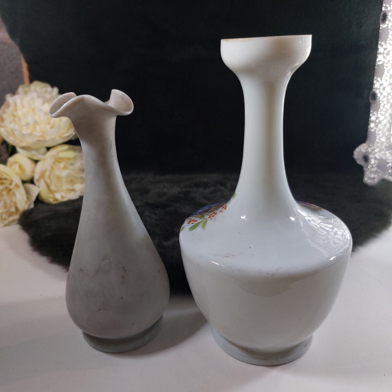 Rare Pair Antique of Hand-Painted Satin Glass Vases Milk Flowers Decor Porcelain8