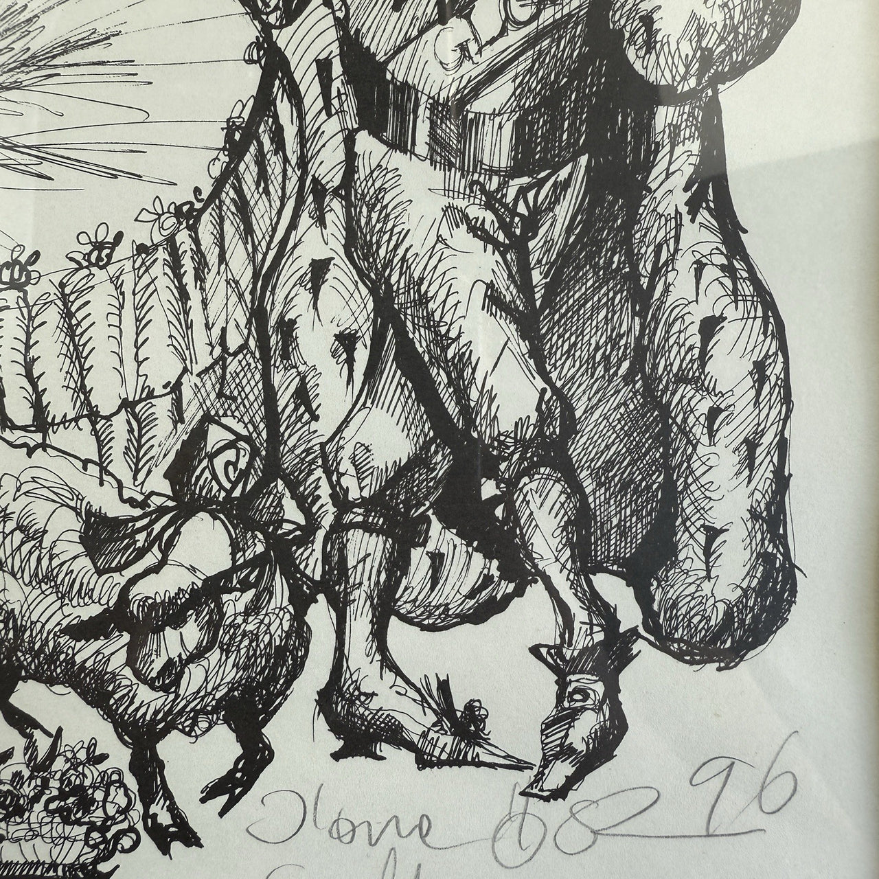 Original Signed & Dated Pen & Ink Drawing Framed Lions & Goats Folk Art Picture9