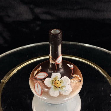 Vtg Antique Japanese Mini Vase Hand Painted Brown White Floral Narrow Neck 4.5”1