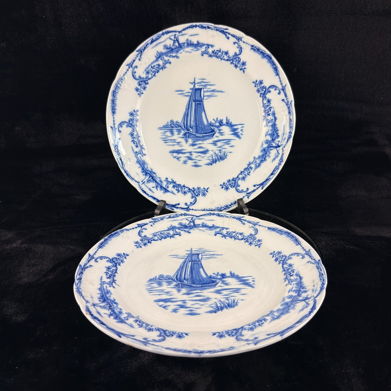 1890s plate antique Delph Blue & White Transferware Plates Sailboat Scene x2 UK15