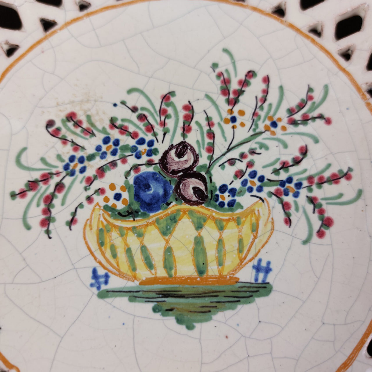 Mid-Century Italian Ceramic Lattice Bowl Floral Hand-Painted Design, gift plate.3