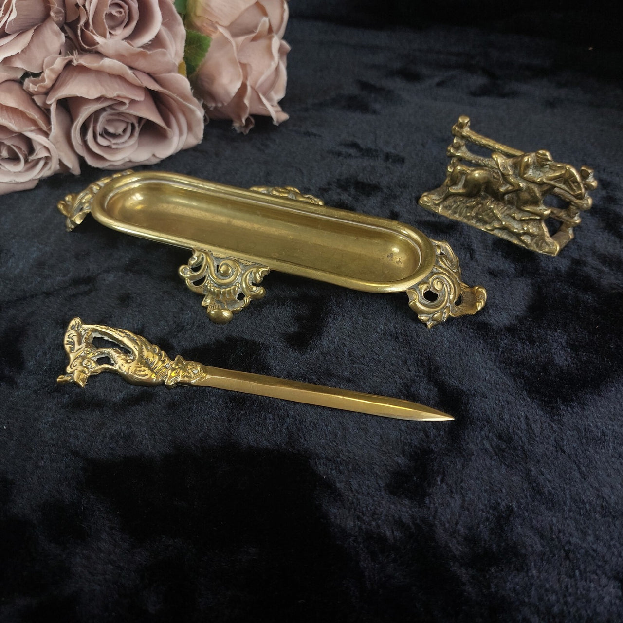 Vintage Brass Desk Set – Letter Holder, Rococo Tray pen holder & Letter Opener11
