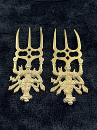 Thumbnail for Antique Brass Hindu Trishul Durga Wall Plaques / Fork Pair â 5â Indian Templ3