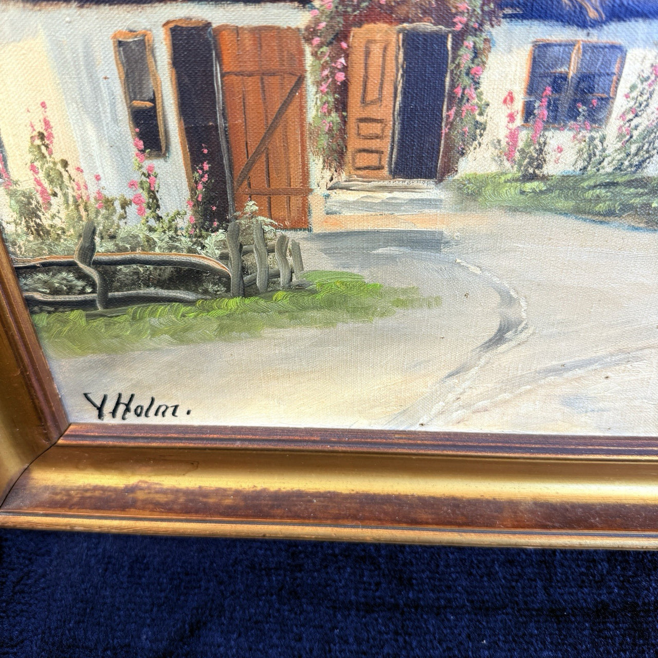 Original Oil Painting on Canvas Signed Y. Holm - Thatched Landscape Cottages6