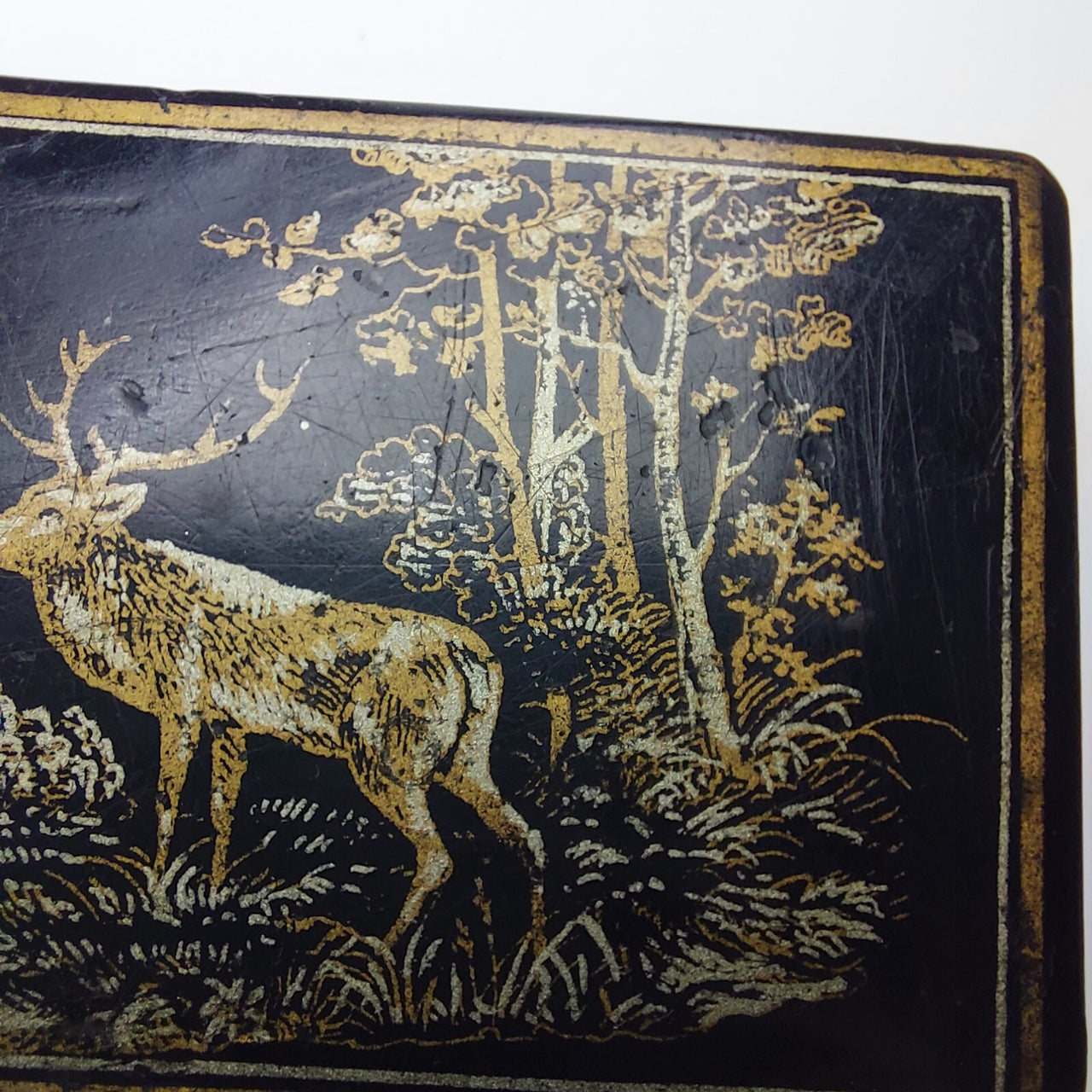 Black Lacquer Snuff Box Vintage – Gold Gilded Deer Scene,Russian  or  Japanese6
