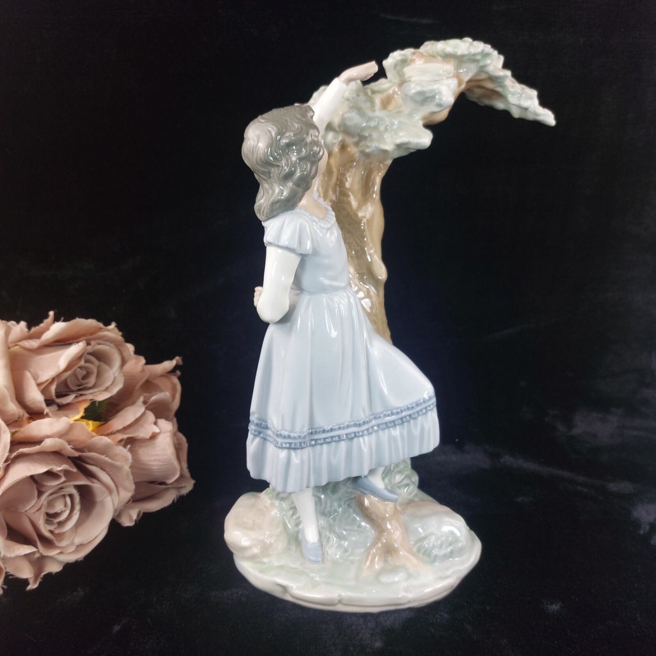 NAO Spain Porcelain Figurine 12" Girl Reaching Nest Bird Tree, broken finger1