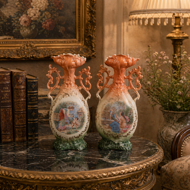 Victoria Austria 9in Porcelain Vase Pair Handled Romantic Scene Antique Decor.0