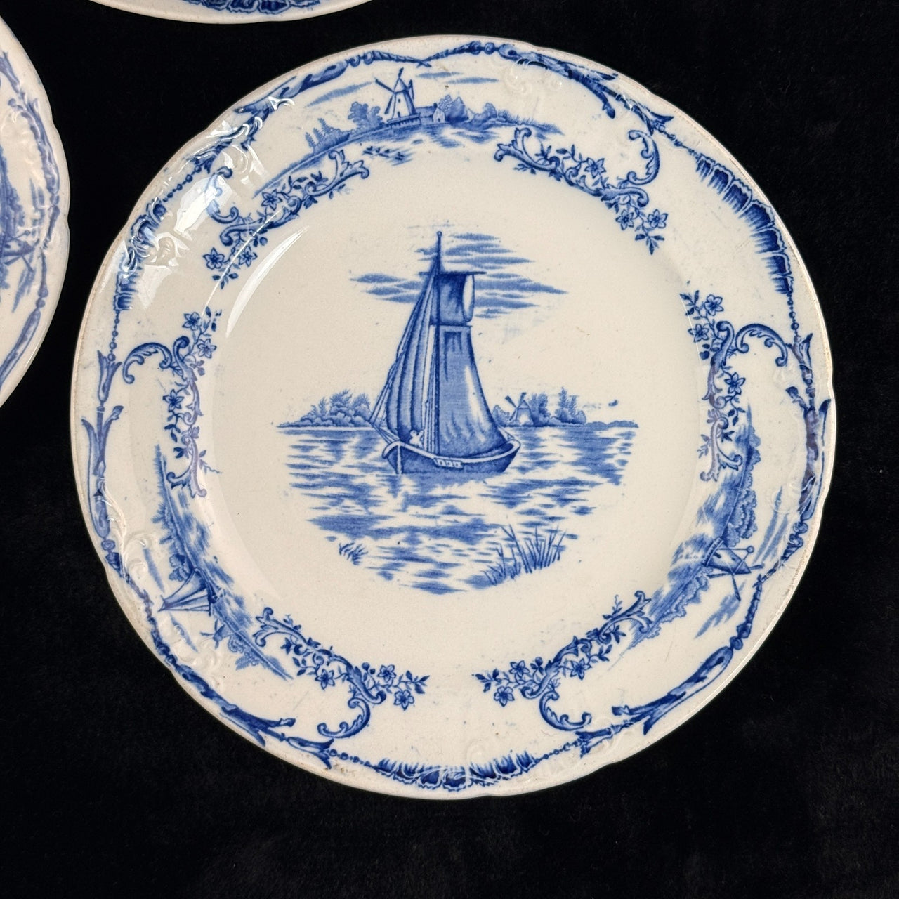 ANTIQUE Blue&White Delph Transferware Plates x3 1896 Sailboat Windmill Scene Set3