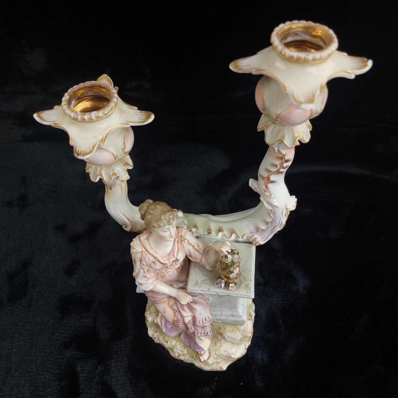 Porcelain Sitzendorf Candelabra Lady Figurine candle Gold Gilt Antique German5