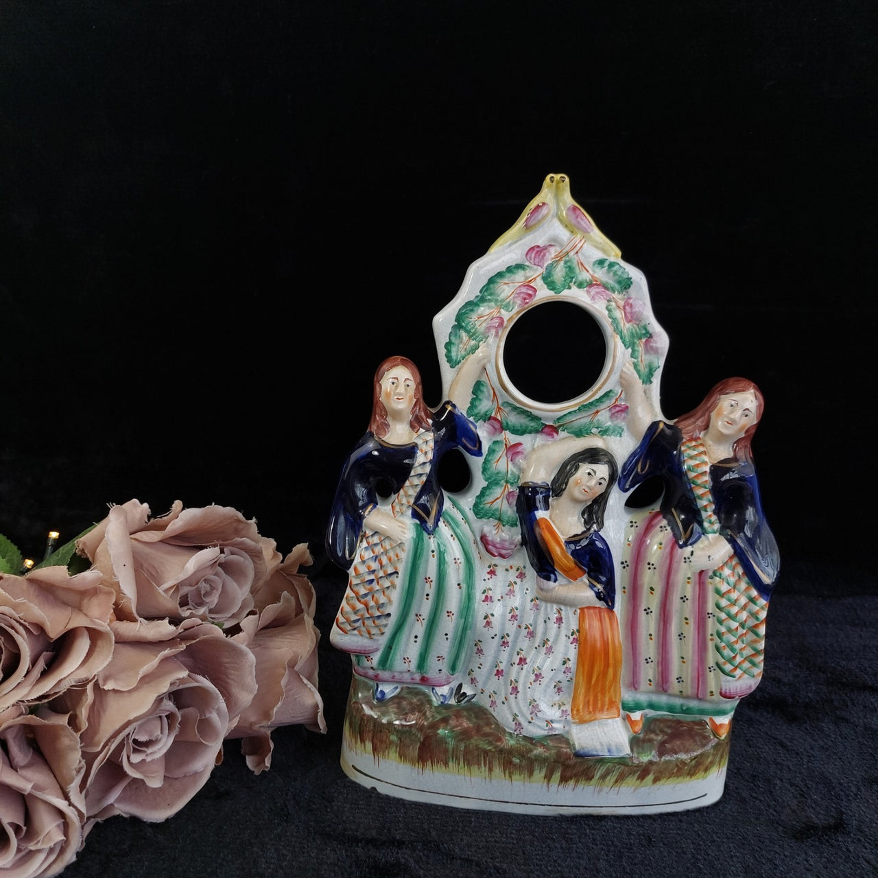 Antique Victorian 1800s Staffordshire Flatback Figurine 3 Dancing Ladies 11"13