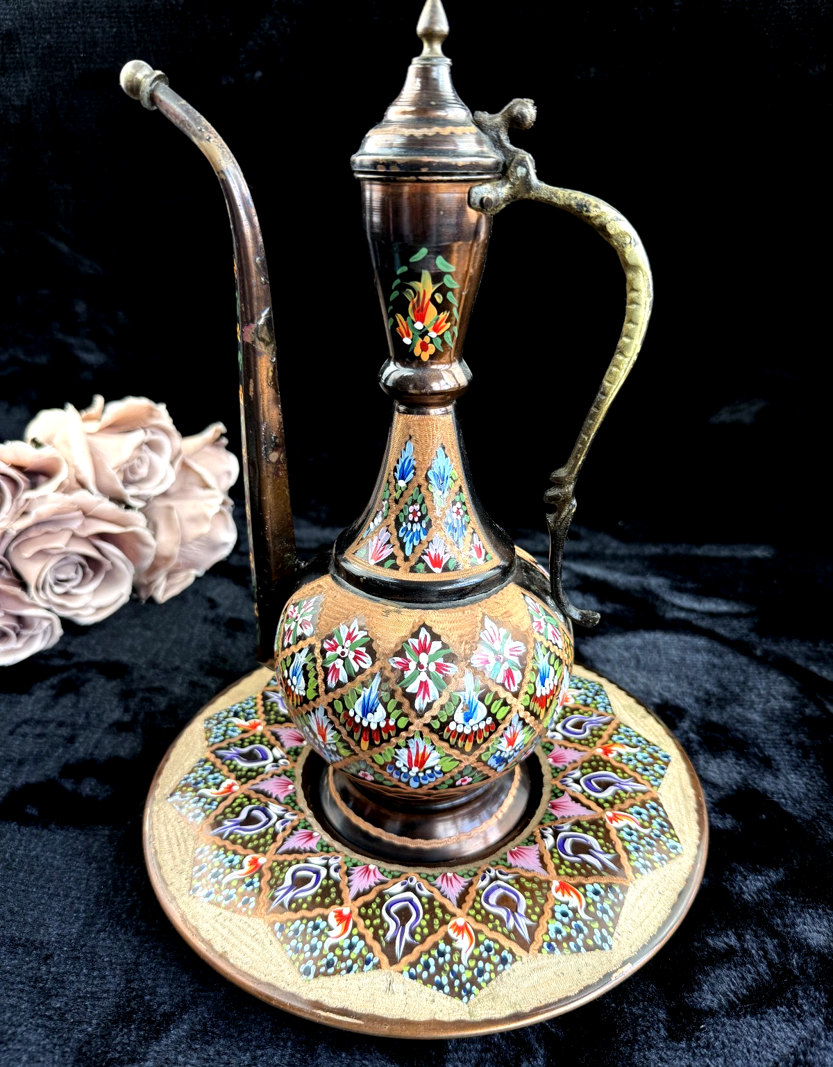One-of-a-Kind Hand-Painted Large Copper Pitcher & Tray/plate Set see the pics.0