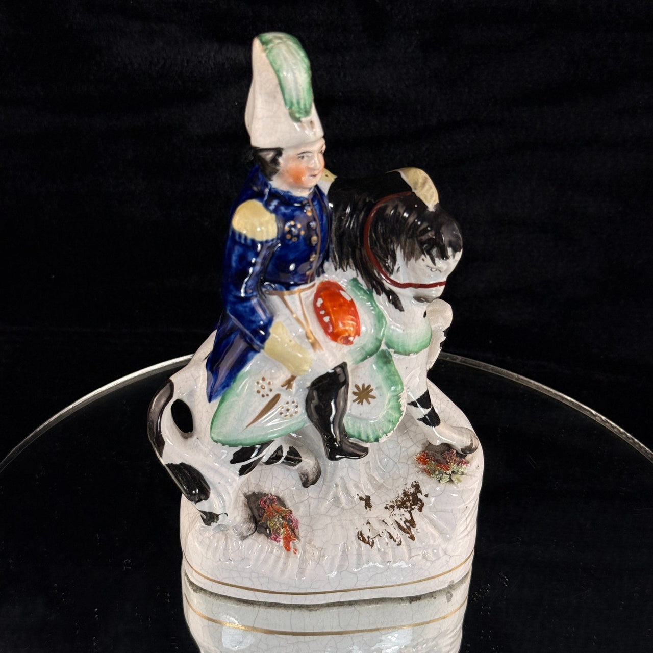 1800s antique Staffordshire Soldier on Horse Pottery Figurine Hand Painted 8"1