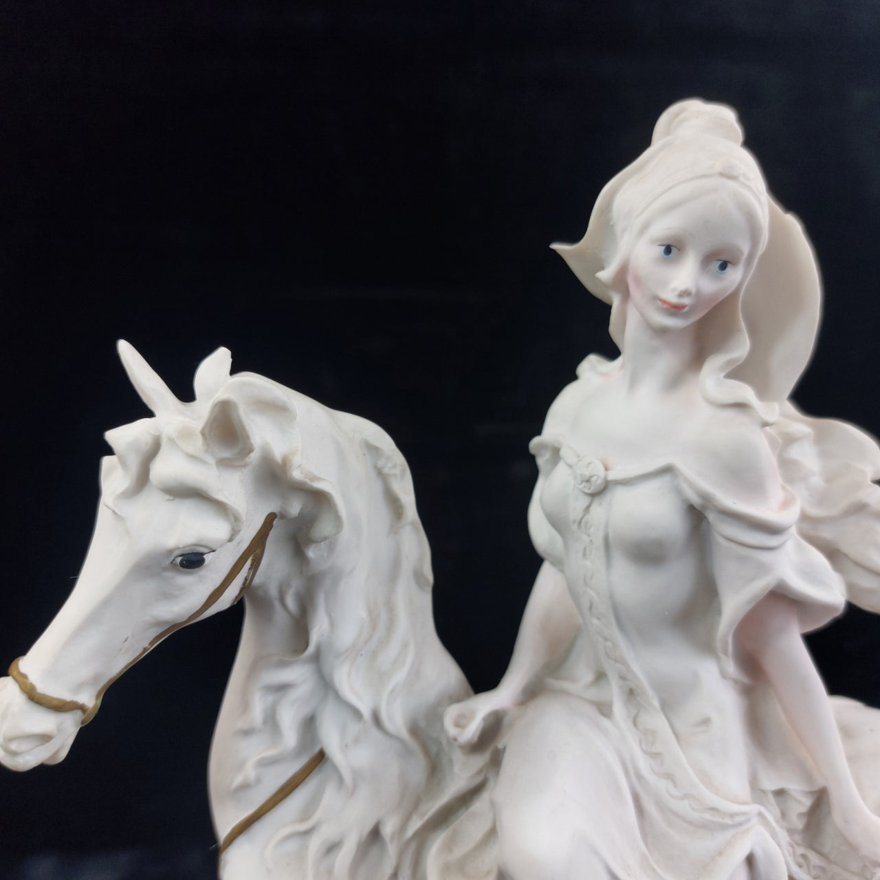 The White Lady Figurine Elegant Matte Bisque Horseback Rider on Wood Base 12"3