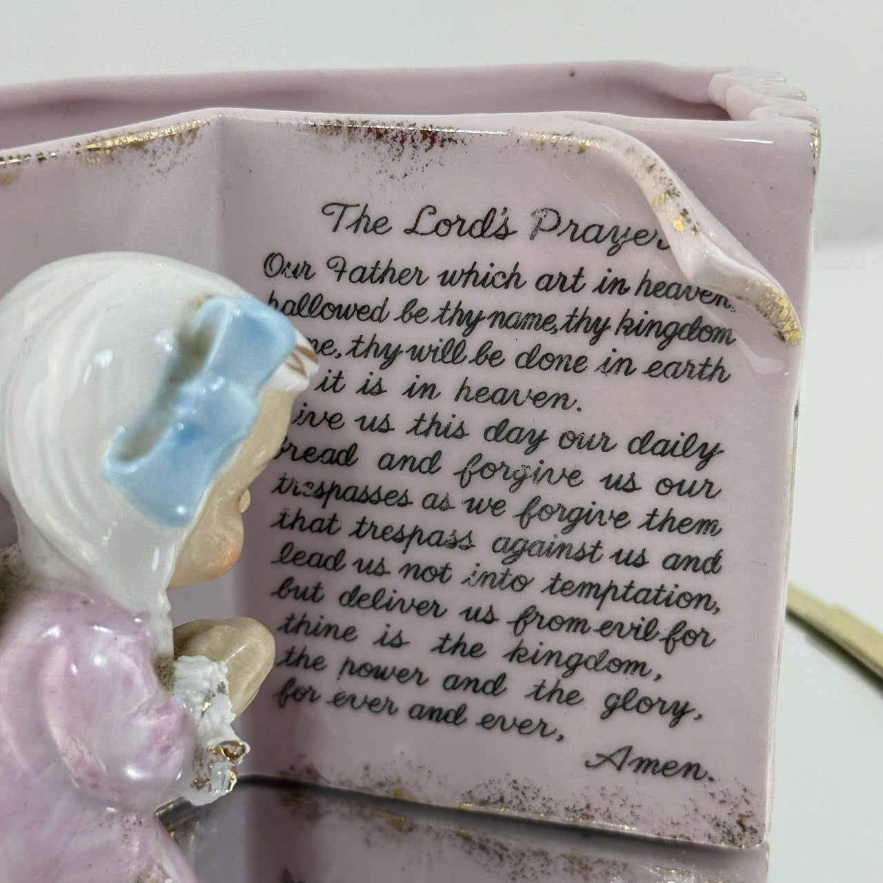Vintage Ceramic Angel Praying by Lord’s Prayer Book Pink Planter Gift 5”Figurine2