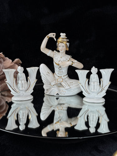 Vintage Mid-Century Porcelain Figurine Set - Dancer with Two Candle Holders0