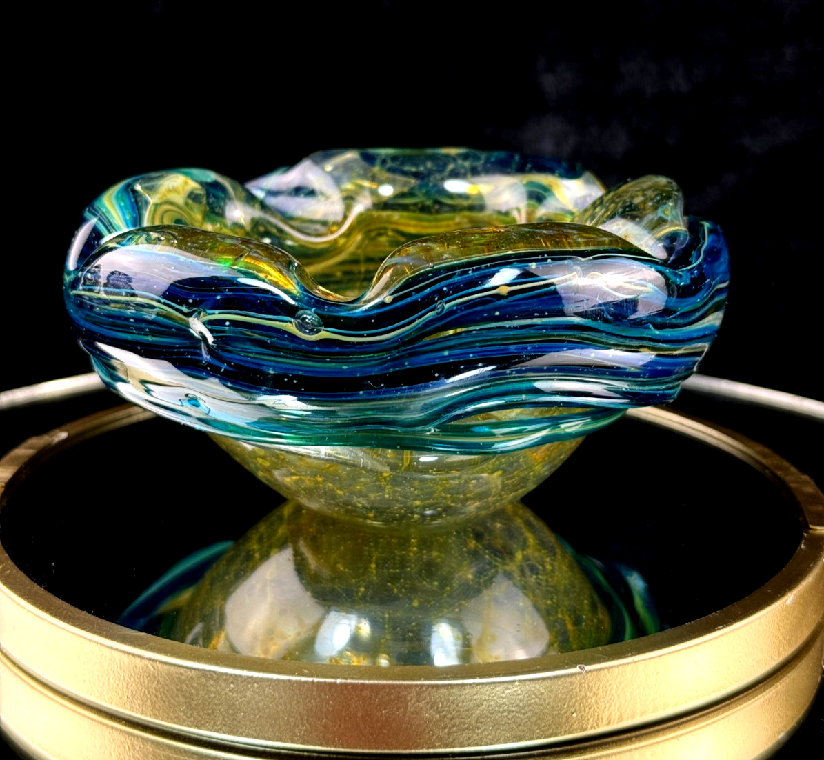 Mdina Malta Art Glass Ashtray 80s Blue Yellow Swirl 13cm Heavy see the pics deco0