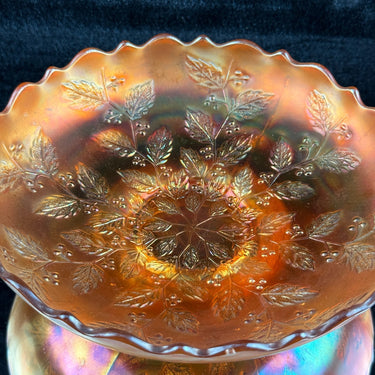 Fenton Holly Leaves Marigold Carnival Glass Ruffled Bowl  Antique 7.5