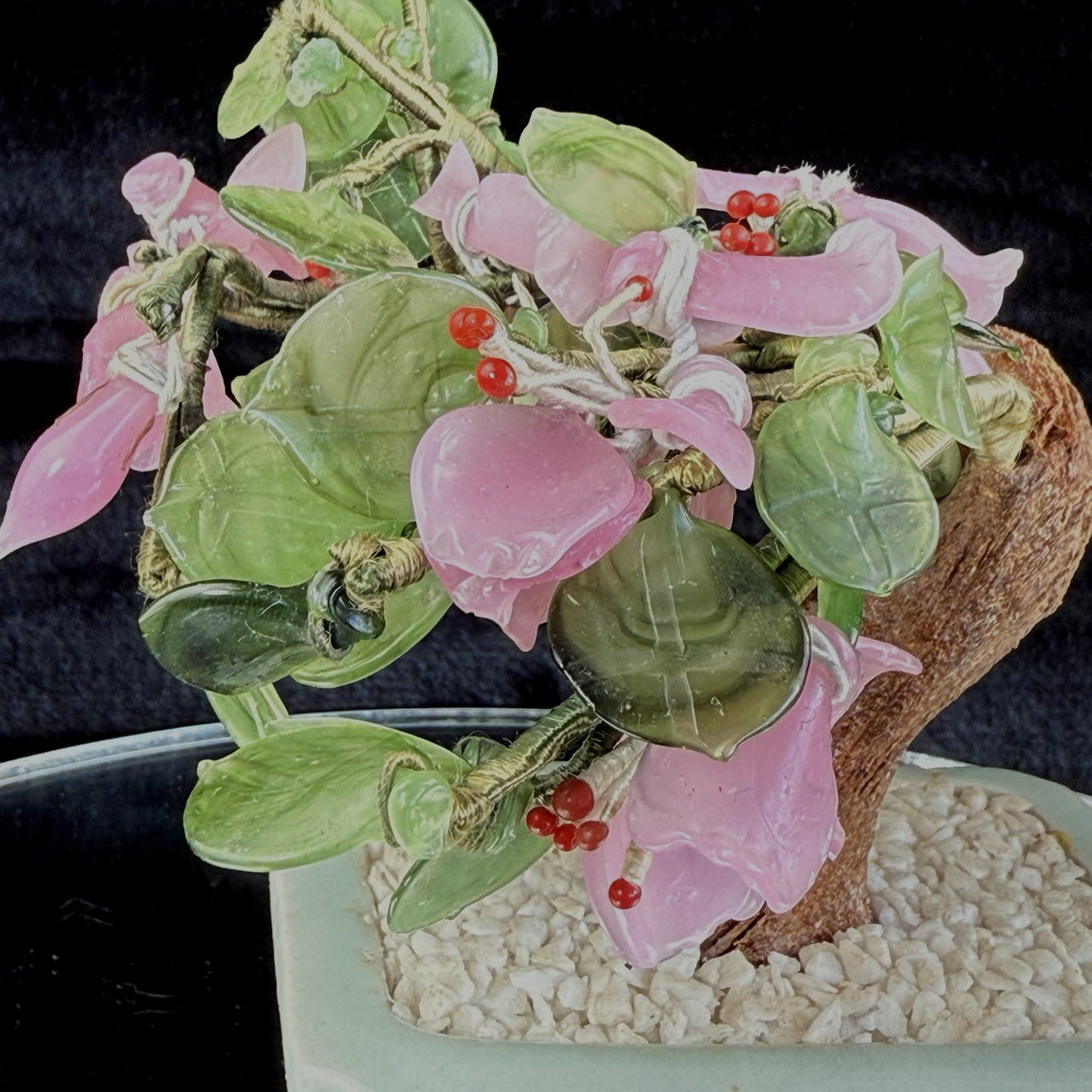 Hand-Carved Bonsai Jade/Stone Tree Figurine - Pink Flowers & Green Leaves gift3
