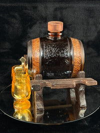 Thumbnail for Vintage Amber Glass Barrel Decanter Set with Tap 3 Glasses Tray & Wood Stand14