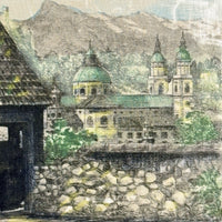 Thumbnail for Salzburg Scene Etching Watercolored on Silk Signed Framed Painting 13x11” Print2