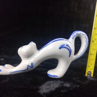 Thumbnail for USSR Vintage Cat Figurine Good White Blue Stretching Kitten Russian Porcelain .10