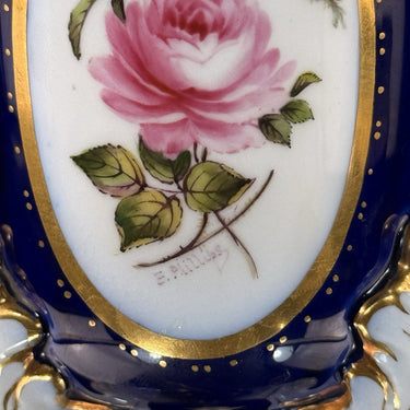 Royal Worcester Tripod Vase Cobalt Blue Pink Rose Hand Painted Gilt Antique Styl1