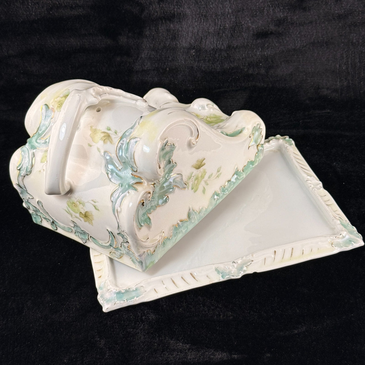 Antique Porcelain butter dish Tureen Art Nouveau Floral Green Gilt Handle 9"x8"10