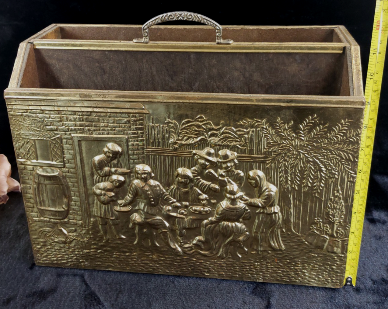 Gold Brass Magazine Rack Tavern Scene Handle Wood Back  Vintage  13