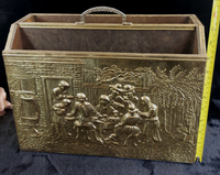Thumbnail for Gold Brass Magazine Rack Tavern Scene Handle Wood Back  Vintage  13