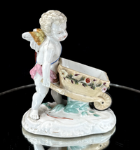 Thumbnail for Antique Cupid German Porcelain Figurine w Wheelbarrow Match Holder SPM see pics.1