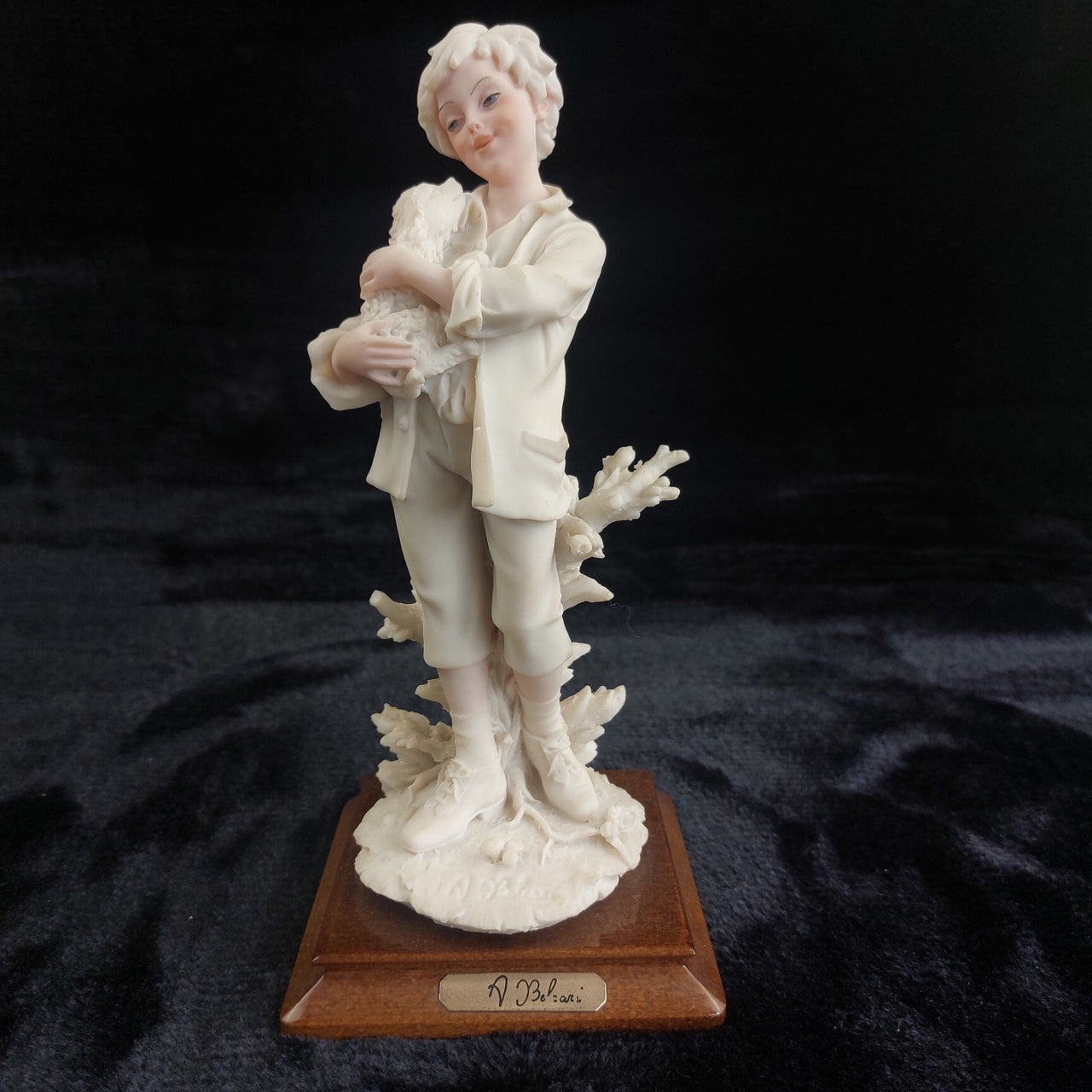 V. Belcari Figurine Boy with Dog Italy Armani Porcelain Sculpture Vintage 8"0