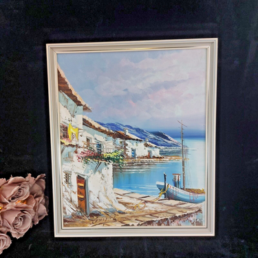 Mediterranean Coastal Scene Oil Painting – Signed Framed Artwork United Kingdom0