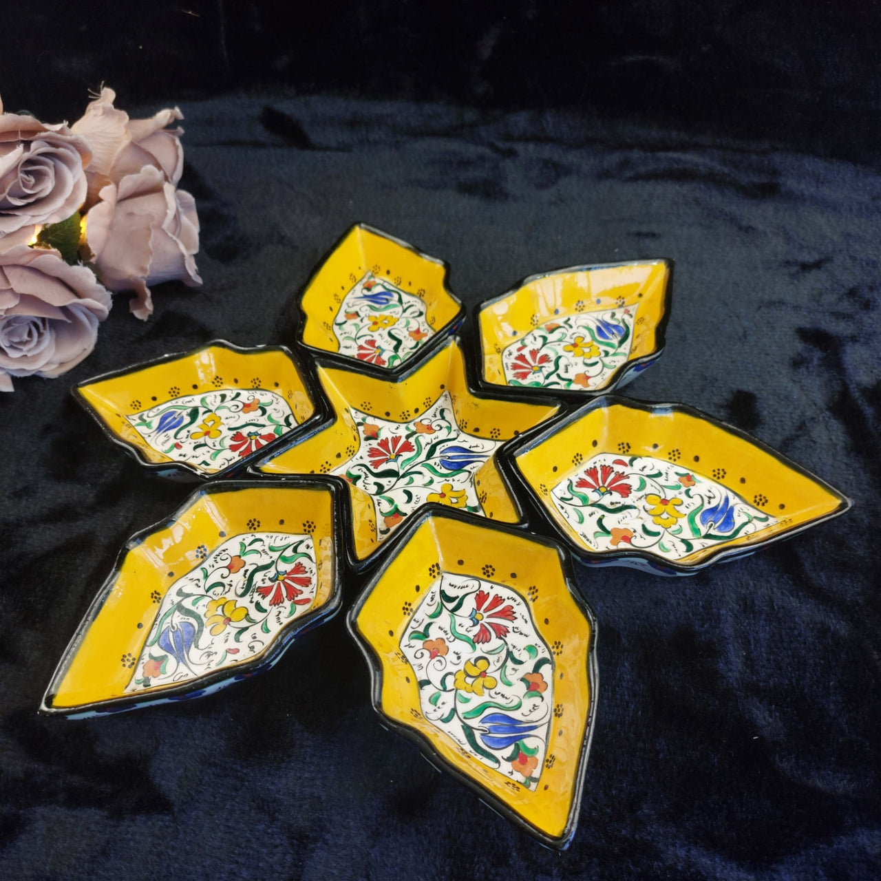 Ceramic Floral Yellow Star Dish Set – Turkish Style 7-Piece Decorative Handmade0