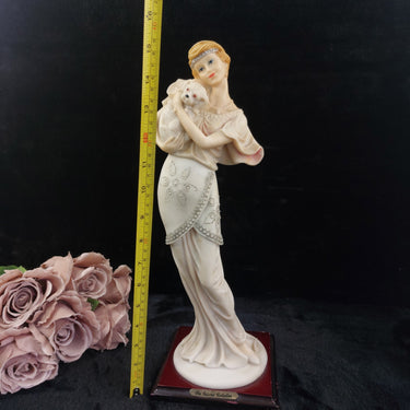 Juliana Collection Figurine, 15in Tall Lady with Dog, large Resin Art Deco Beige1