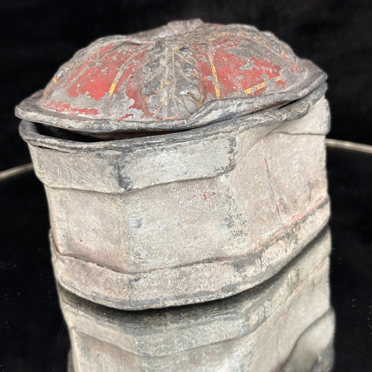 Antique 19th Century Stone Trinket Box Red Floral Relief Lid 5" x 3.5" Heavy16