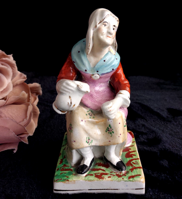 Antique Staffordshire Woman Figurine– bluescarf , holding Teapot bookshelf decor0